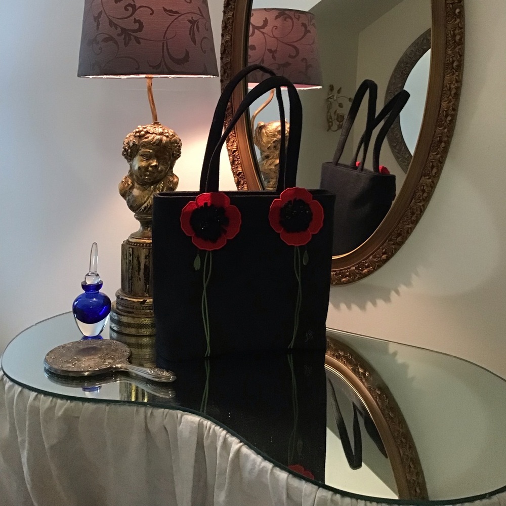 LULU Guinness Black Wool Red Poppies Handbag